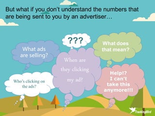 ???
But what if you don’t understand the numbers that
are being sent to you by an advertiser…
Who’s clicking on
the ads?
Help!?
I can’t
take this
anymore!!!
What ads
are selling?
When are
they clicking
my ad?
What does
that mean?
 
