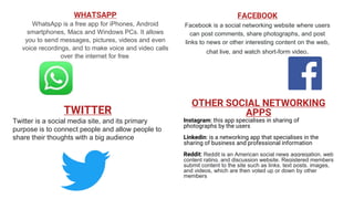 WHATSAPP
WhatsApp is a free app for iPhones, Android
smartphones, Macs and Windows PCs. It allows
you to send messages, pictures, videos and even
voice recordings, and to make voice and video calls
over the internet for free.
FACEBOOK
Facebook is a social networking website where users
can post comments, share photographs, and post
links to news or other interesting content on the web,
chat live, and watch short-form video.
TWITTER
Twitter is a social media site, and its primary
purpose is to connect people and allow people to
share their thoughts with a big audience
OTHER SOCIAL NETWORKING
APPS
Instagram: this app specialises in sharing of
photographs by the users
Linkedin: is a networking app that specialises in the
sharing of business and professional information
Reddit: Reddit is an American social news aggregation, web
content rating, and discussion website. Registered members
submit content to the site such as links, text posts, images,
and videos, which are then voted up or down by other
members
 