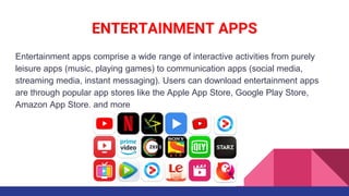 ENTERTAINMENT APPS
Entertainment apps comprise a wide range of interactive activities from purely
leisure apps (music, playing games) to communication apps (social media,
streaming media, instant messaging). Users can download entertainment apps
are through popular app stores like the Apple App Store, Google Play Store,
Amazon App Store, and more
 