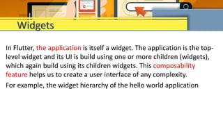 In Flutter, the application is itself a widget. The application is the top-
level widget and its UI is build using one or more children (widgets),
which again build using its children widgets. This composability
feature helps us to create a user interface of any complexity.
For example, the widget hierarchy of the hello world application
Widgets
 