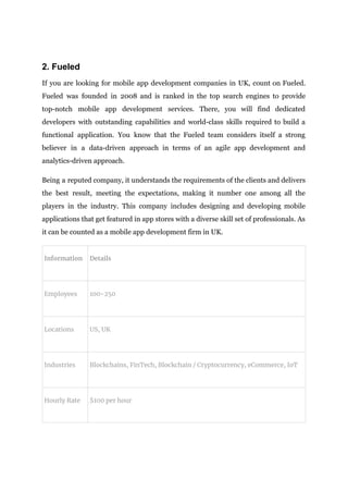 2. Fueled
If you are looking for mobile app development companies in UK, count on Fueled.
Fueled was founded in 2008 and is ranked in the top search engines to provide
top-notch mobile app development services. There, you will find dedicated
developers with outstanding capabilities and world-class skills required to build a
functional application. You know that the Fueled team considers itself a strong
believer in a data-driven approach in terms of an agile app development and
analytics-driven approach.
Being a reputed company, it understands the requirements of the clients and delivers
the best result, meeting the expectations, making it number one among all the
players in the industry. This company includes designing and developing mobile
applications that get featured in app stores with a diverse skill set of professionals. As
it can be counted as a mobile app development firm in UK.
Information Details
Employees 100-250
Locations US, UK
Industries Blockchains, FinTech, Blockchain / Cryptocurrency, eCommerce, IoT
Hourly Rate $100 per hour
 