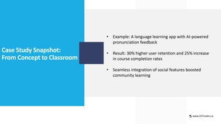 Case Study Snapshot:
From Concept to Classroom
• Example: A language learning app with AI-powered
pronunciation feedback
• Result: 30% higher user retention and 25% increase
in course completion rates
• Seamless integration of social features boosted
community learning
www.247coders.ai
 