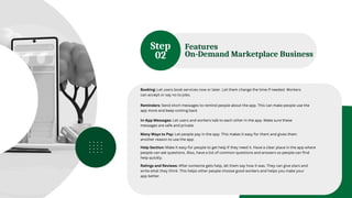 Features
On-Demand Marketplace Business
Booking: Let users book services now or later. Let them change the time if needed. Workers
can accept or say no to jobs.
Reminders: Send short messages to remind people about the app. This can make people use the
app more and keep coming back
In-App Messages: Let users and workers talk to each other in the app. Make sure these
messages are safe and private.
Many Ways to Pay: Let people pay in the app. This makes it easy for them and gives them
another reason to use the app.
Help Section: Make it easy for people to get help if they need it. Have a clear place in the app where
people can ask questions. Also, have a list of common questions and answers so people can find
help quickly.
Ratings and Reviews: After someone gets help, let them say how it was. They can give stars and
write what they think. This helps other people choose good workers and helps you make your
app better.
Step
02
 