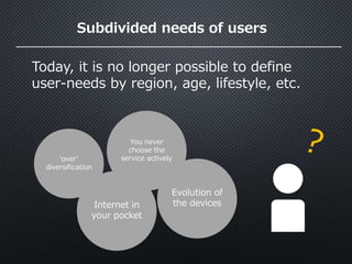 Subdivided needs of users
Today, it is no longer possible to define
user-needs by region, age, lifestyle, etc.
‘over’
diversification
You never
choose the
service actively
Internet in
your pocket
Evolution of
the devices
 
