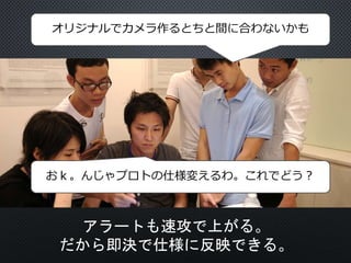 オリジナルでカメラ作るとちと間に合わないかも
おｋ。んじゃプロトの仕様変えるわ。これでどう？
アラートも速攻で上がる。
だから即決で仕様に反映できる。
 