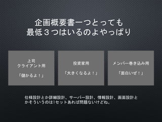 企画概要書一つとっても
最低３つはいるのよやっぱり
上司
クライアント用
「儲かるよ！」
投資家用
「大きくなるよ！」
メンバー巻き込み用
「面白いぜ！」
仕様設計とか詳細設計、サーバー設計、情報設計、画面設計と
かそういうのは1セットあれば問題ないけどね。
 