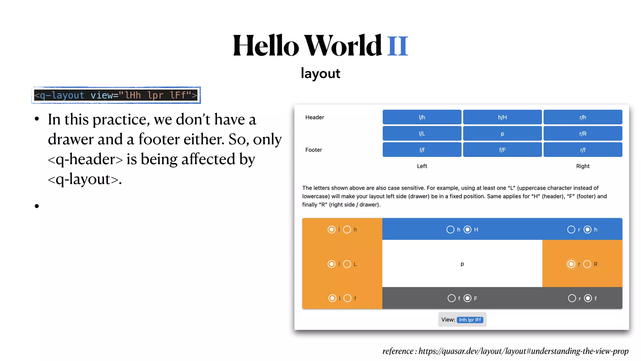 HelloWorldⅡ
• In this practice, we don’t have a
 
drawer and a footer either. So, only
 
<q-header> is being a
ff
ected by
 
<q-layout>.


•
layout
<q-layout view="lHh lpr lFf">
reference : https://quasar.dev/layout/layout#understanding-the-view-prop
 