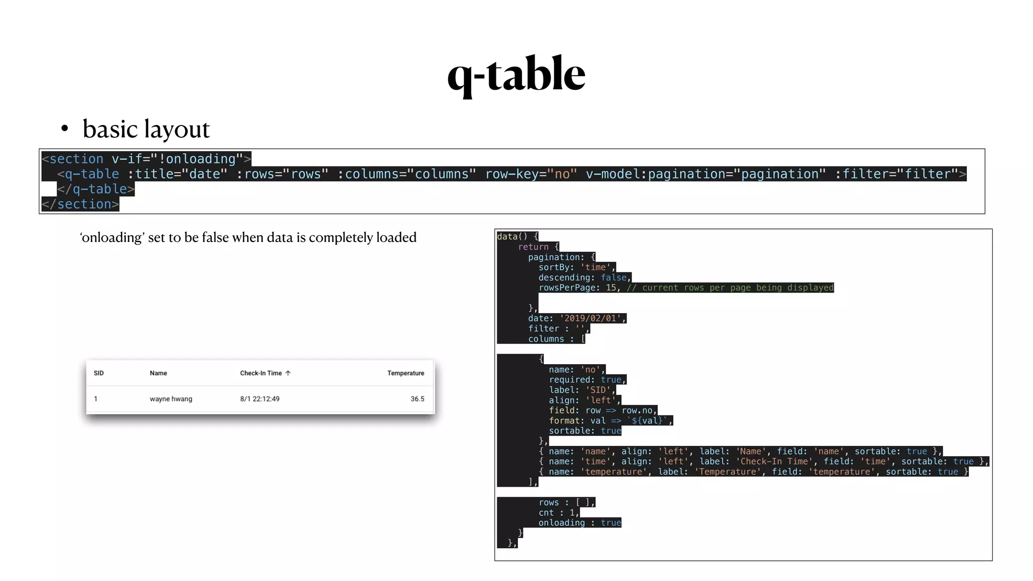 q-table
• basic layout
<section v-if="!onloading">


<q-table :title="date" :rows="rows" :columns="columns" row-key="no" v-model:pagination="pagination" :filter="filter">


</q-table>


</section>
‘onloading’ set to be false when data is completely loaded data() {


return {


pagination: {


sortBy: 'time',


descending: false,


rowsPerPage: 15, // current rows per page being displayed




},


date: '2019/02/01',


filter : '',


columns : [


{


name: 'no',


required: true,


label: 'SID',


align: 'left',


field: row => row.no,


format: val => `${val}`,


sortable: true


},


{ name: 'name', align: 'left', label: 'Name', field: 'name', sortable: true },


{ name: 'time', align: 'left', label: 'Check-In Time', field: 'time', sortable: true },


{ name: 'temperature', label: 'Temperature', field: 'temperature', sortable: true }


],


rows : [ ],


cnt : 1,


onloading : true


}


},


 