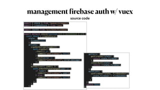 management
f
irebaseauthw/vuex
source code
import { store } from 'quasar/wrappers'


import { createStore } from 'vuex'


import {auth} from "src/boot/firebase"


export default store(function (/* { ssrContext } */) {


const Store = createStore({


state: {


fireUser:null


},


actions: {


signOutAction({commit}) {


auth.signOut()


.then(() => {


commit("setFireUser", null);


})


.catch(error => {


commit("setFireError", error.message);


});


},


authAction({ commit }) {


auth.onAuthStateChanged(user => {


if (user) {


commit("setFireUser", user);


} else {


commit("setFireUser", null);


}


});


},


},


getters: {


getFireUser(state) {


return state.fireUser;


},


isUserAuth(state) {


return !!state.fireUser;


}


},


mutations: {


setFireUser(state, firebaseUser){


state.fireUser = firebaseUser


}


},


})


return Store


})
 