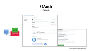 OAuth
GitHub
https://github.com/settings/apps
Local
Firebase
github
 