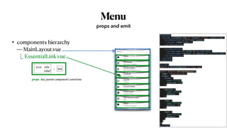 Menu
• components hierarchy
 
⎯ MainLayout.vue
 
EssentialLink.vue
props and emit
icon title


label
link
+
<template>


<q-item clickable tag="a" target="_blank" :href="link">


<q-item-section v-if="icon" avatar>


<q-icon :name="icon" />


</q-item-section>


<q-item-section>


<q-item-label>{{ title }}</q-item-label>


<q-item-label caption> {{ caption }} </q-item-label>


</q-item-section>


</q-item>


</template>


<script>


import { defineComponent } from 'vue'


export default defineComponent({


name: 'EssentialLink',


props: {


title: {


type: String,


required: true


},


caption: {


type: String,


default: ''


},


link: {


type: String,


default: '#'


},


icon: {


type: String,


default: ''


}


}


})


</script>
props : hey, parent component! control me
 
