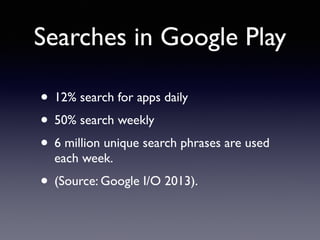 Searches in Google Play 
• 12% search for apps daily 
• 50% search weekly 
• 6 million unique search phrases are used 
each week. 
• (Source: Google I/O 2013). 
 