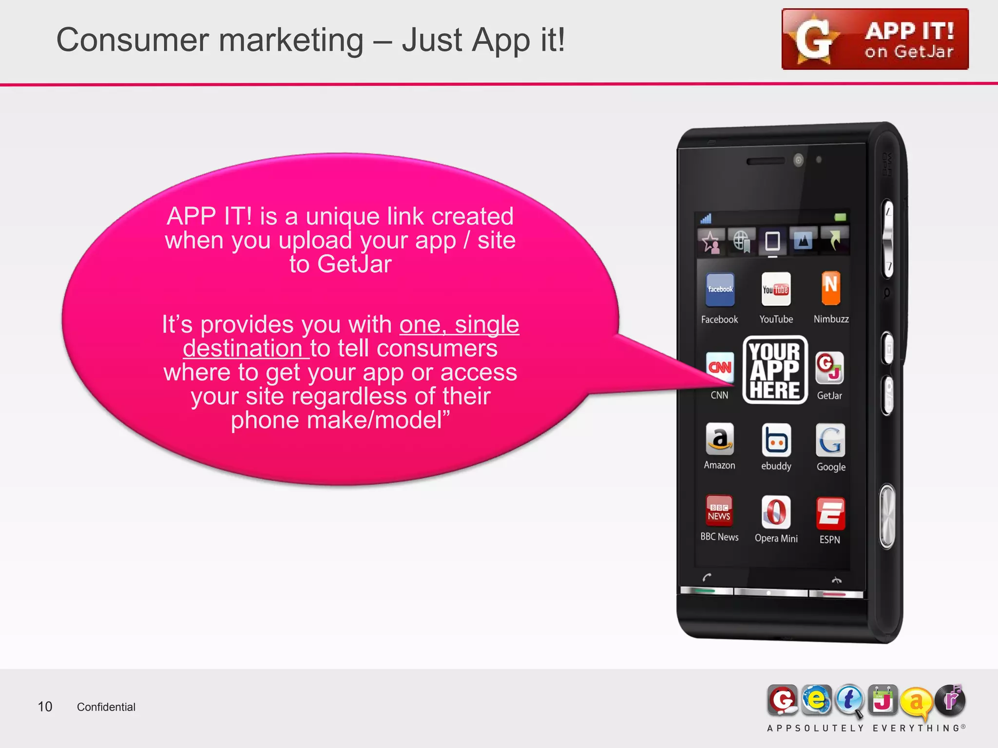 Consumer marketing – Just App it! Confidential APP IT! is a unique link created when you upload your app / site to GetJar It’s provides you with  one, single destination  to tell consumers where to get your app or access your site regardless of their phone make/model” 