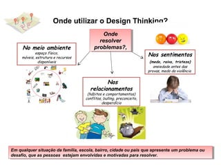 Onde utilizar o Design Thinking?
Em qualquer situação da família, escola, bairro, cidade ou país que apresente um problema ou
desafio, que as pessoas estejam envolvidas e motivadas para resolver.
Em qualquer situação da família, escola, bairro, cidade ou país que apresente um problema ou
desafio, que as pessoas estejam envolvidas e motivadas para resolver.
Onde
resolver
problemas?,
Onde
resolver
problemas?,No meio ambiente
espaço físico,
móveis, estrutura e recursos
disponíveis
Nos
relacionamentos
(hábitos e comportamentos)
conflitos, bulling, preconceito,
desperdício
Nos sentimentos
(medo, raiva, tristeza)
ansiedade antes das
provas, medo da violência
 