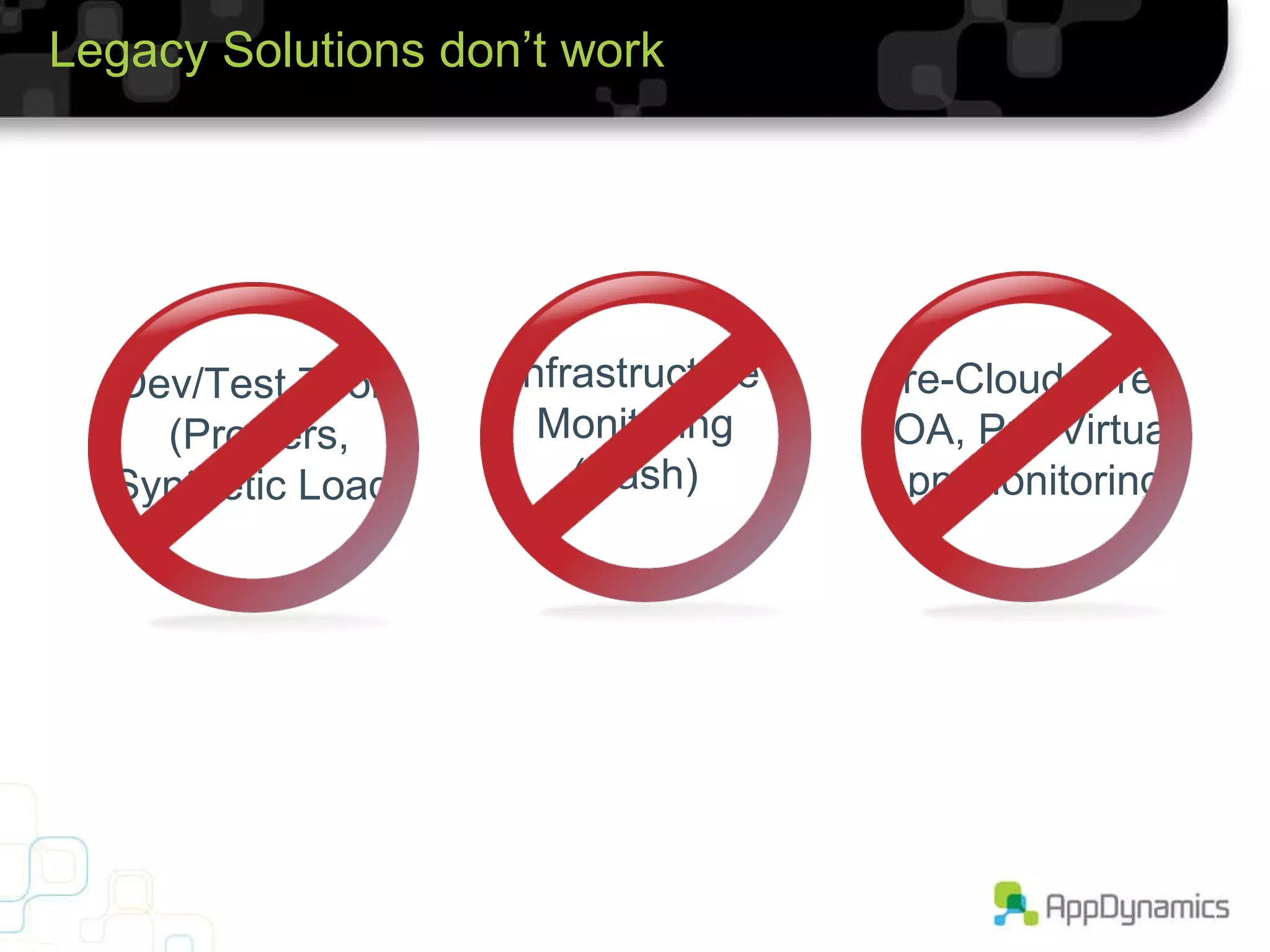 Dev/Test Tools (Profilers, Synthetic Load) Legacy Solutions don’t work Pre-Cloud, Pre-SOA, Pre-Virtual App Monitoring (slash) Infrastructure Monitoring (slash) 