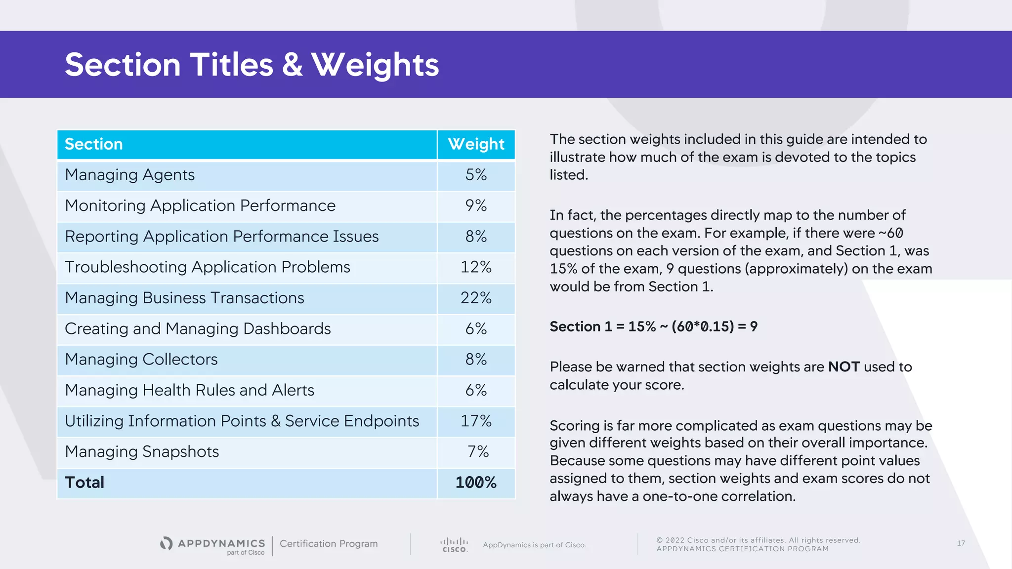 AppDynamics is part of Cisco.
© 2022 Cisco and/or its affiliates. All rights reserved.
APPDYNAMICS CERTIFICATION PROGRAM
17
The section weights included in this guide are intended to
illustrate how much of the exam is devoted to the topics
listed.
In fact, the percentages directly map to the number of
questions on the exam. For example, if there were ~60
questions on each version of the exam, and Section 1, was
15% of the exam, 9 questions (approximately) on the exam
would be from Section 1.
Section 1 = 15% ~ (60*0.15) = 9
Please be warned that section weights are NOT used to
calculate your score.
Scoring is far more complicated as exam questions may be
given different weights based on their overall importance.
Because some questions may have different point values
assigned to them, section weights and exam scores do not
always have a one-to-one correlation.
Section Titles & Weights
Section Weight
Managing Agents 5%
Monitoring Application Performance 9%
Reporting Application Performance Issues 8%
Troubleshooting Application Problems 12%
Managing Business Transactions 22%
Creating and Managing Dashboards 6%
Managing Collectors 8%
Managing Health Rules and Alerts 6%
Utilizing Information Points & Service Endpoints 17%
Managing Snapshots 7%
Total 100%
 