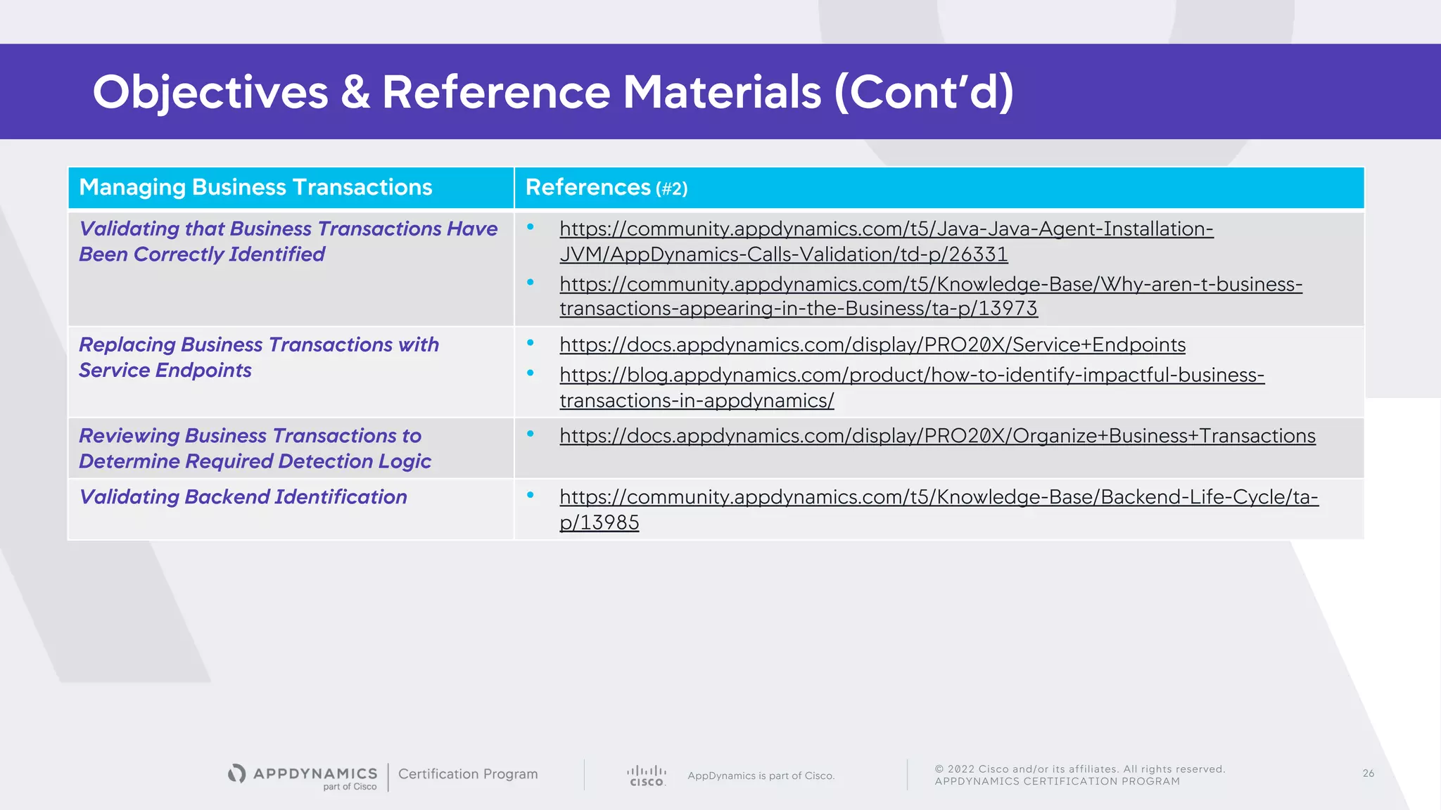 AppDynamics is part of Cisco.
© 2022 Cisco and/or its affiliates. All rights reserved.
APPDYNAMICS CERTIFICATION PROGRAM
26
Objectives & Reference Materials (Cont’d)
Managing Business Transactions References (#2)
Validating that Business Transactions Have
Been Correctly Identified
• https://community.appdynamics.com/t5/Java-Java-Agent-Installation-
JVM/AppDynamics-Calls-Validation/td-p/26331
• https://community.appdynamics.com/t5/Knowledge-Base/Why-aren-t-business-
transactions-appearing-in-the-Business/ta-p/13973
Replacing Business Transactions with
Service Endpoints
• https://docs.appdynamics.com/display/PRO20X/Service+Endpoints
• https://blog.appdynamics.com/product/how-to-identify-impactful-business-
transactions-in-appdynamics/
Reviewing Business Transactions to
Determine Required Detection Logic
• https://docs.appdynamics.com/display/PRO20X/Organize+Business+Transactions
Validating Backend Identification • https://community.appdynamics.com/t5/Knowledge-Base/Backend-Life-Cycle/ta-
p/13985
 
