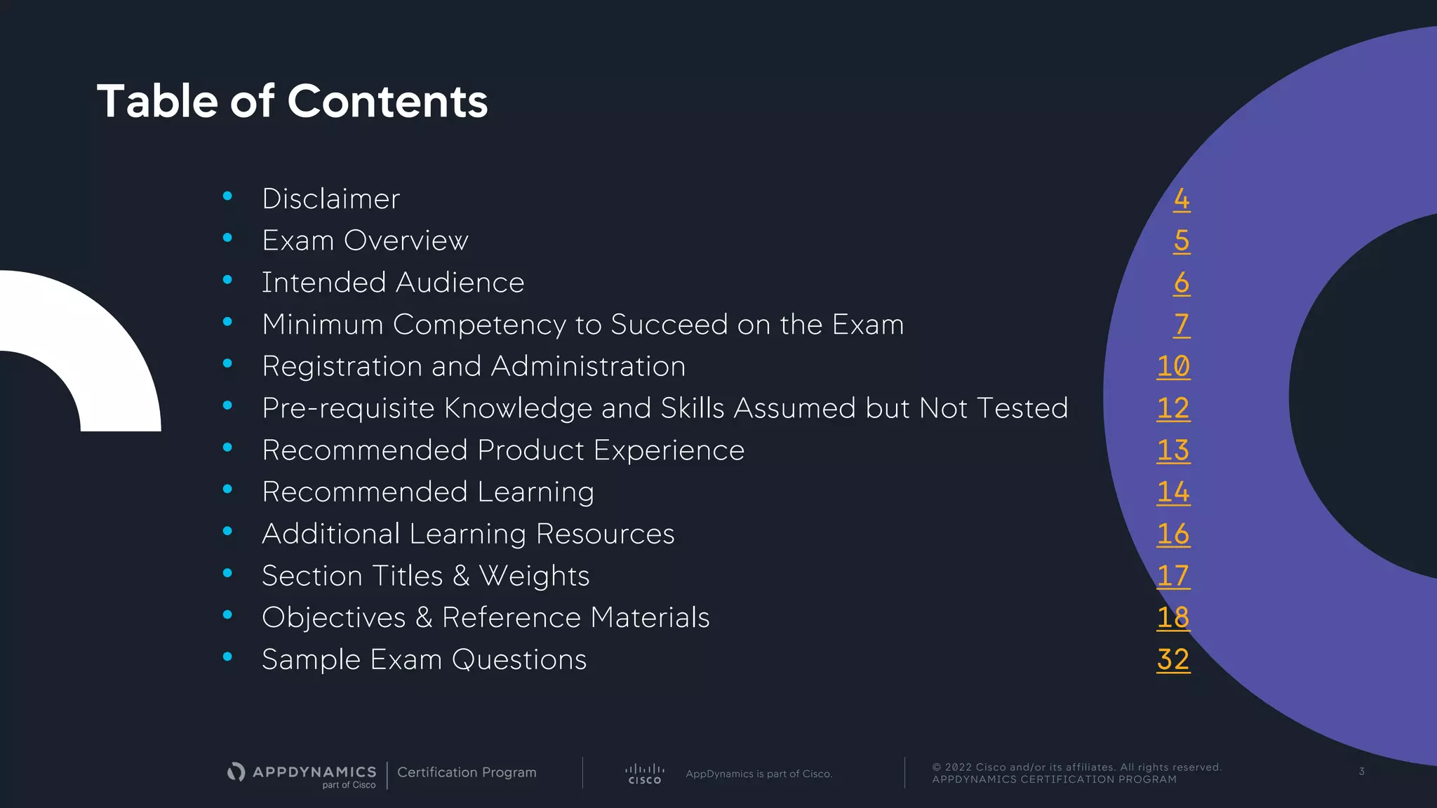 AppDynamics is part of Cisco.
© 2022 Cisco and/or its affiliates. All rights reserved.
APPDYNAMICS CERTIFICATION PROGRAM
3
Table of Contents
• Disclaimer 4
• Exam Overview 5
• Intended Audience 6
• Minimum Competency to Succeed on the Exam 7
• Registration and Administration 10
• Pre-requisite Knowledge and Skills Assumed but Not Tested 12
• Recommended Product Experience 13
• Recommended Learning 14
• Additional Learning Resources 16
• Section Titles & Weights 17
• Objectives & Reference Materials 18
• Sample Exam Questions 32
 
