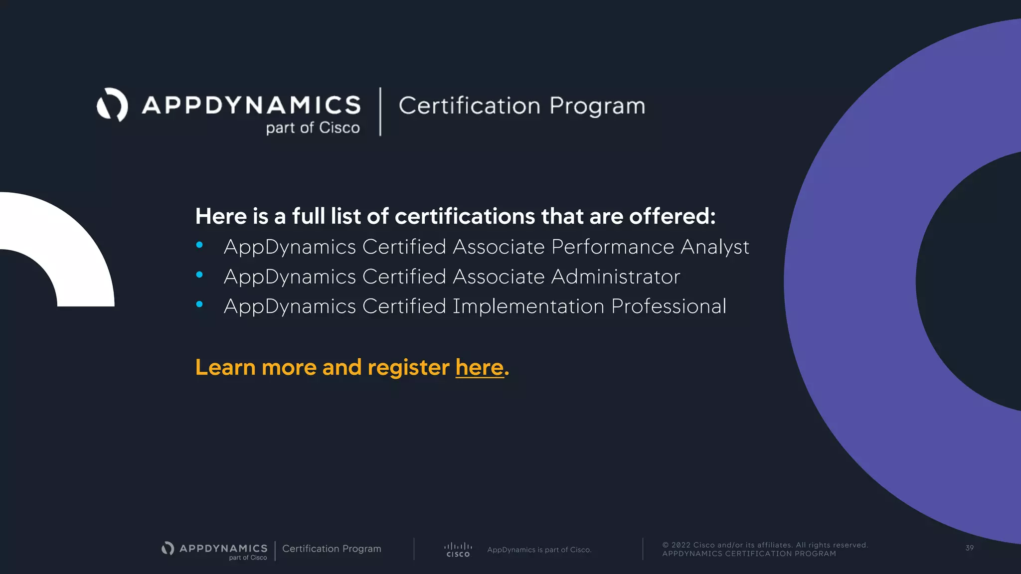 AppDynamics is part of Cisco.
© 2022 Cisco and/or its affiliates. All rights reserved.
APPDYNAMICS CERTIFICATION PROGRAM
39
Here is a full list of certifications that are offered:
• AppDynamics Certified Associate Performance Analyst
• AppDynamics Certified Associate Administrator
• AppDynamics Certified Implementation Professional
Learn more and register here.
 