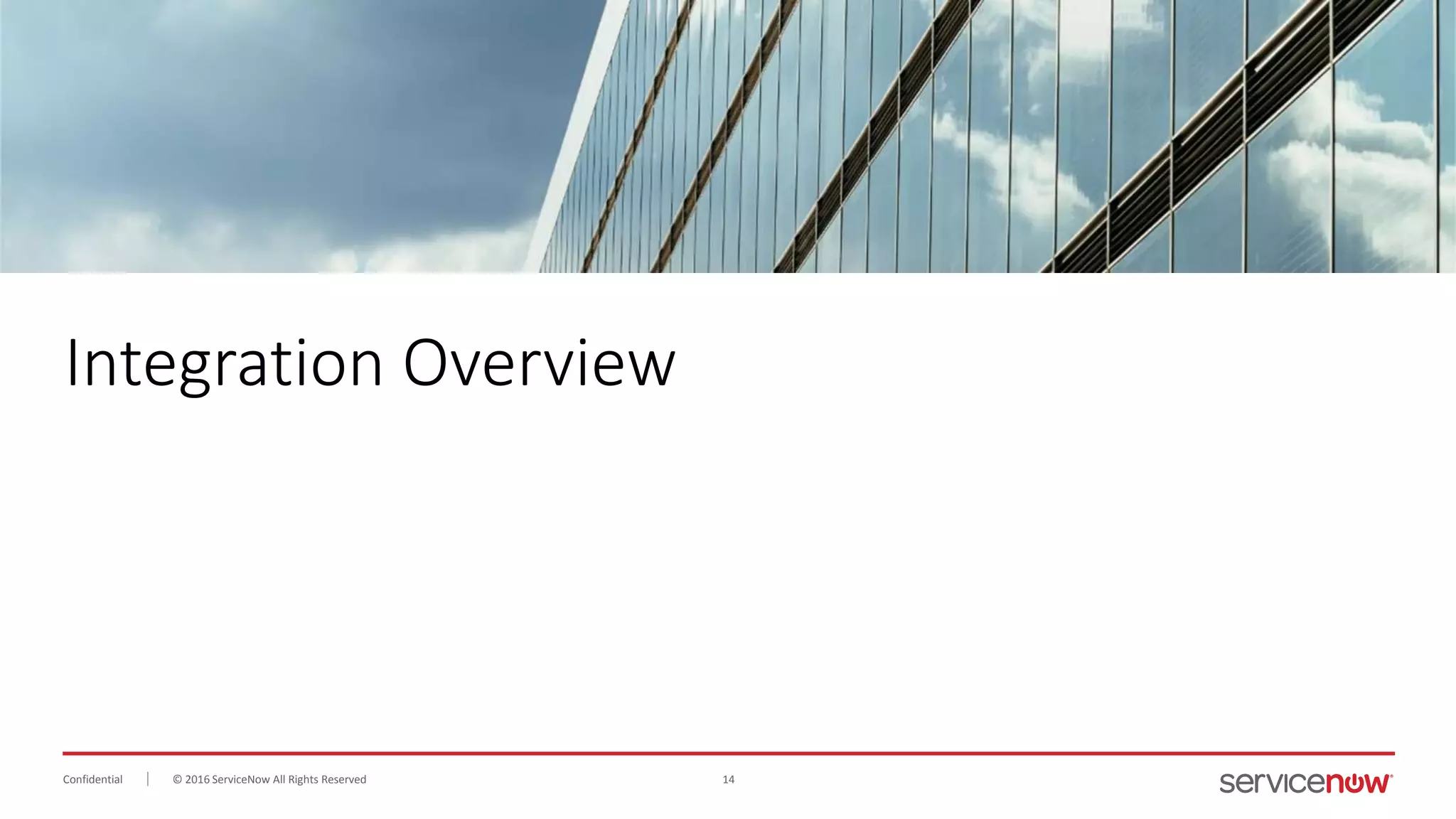 © 2016 ServiceNow All Rights Reserved 14Confidential
Integration Overview
 
