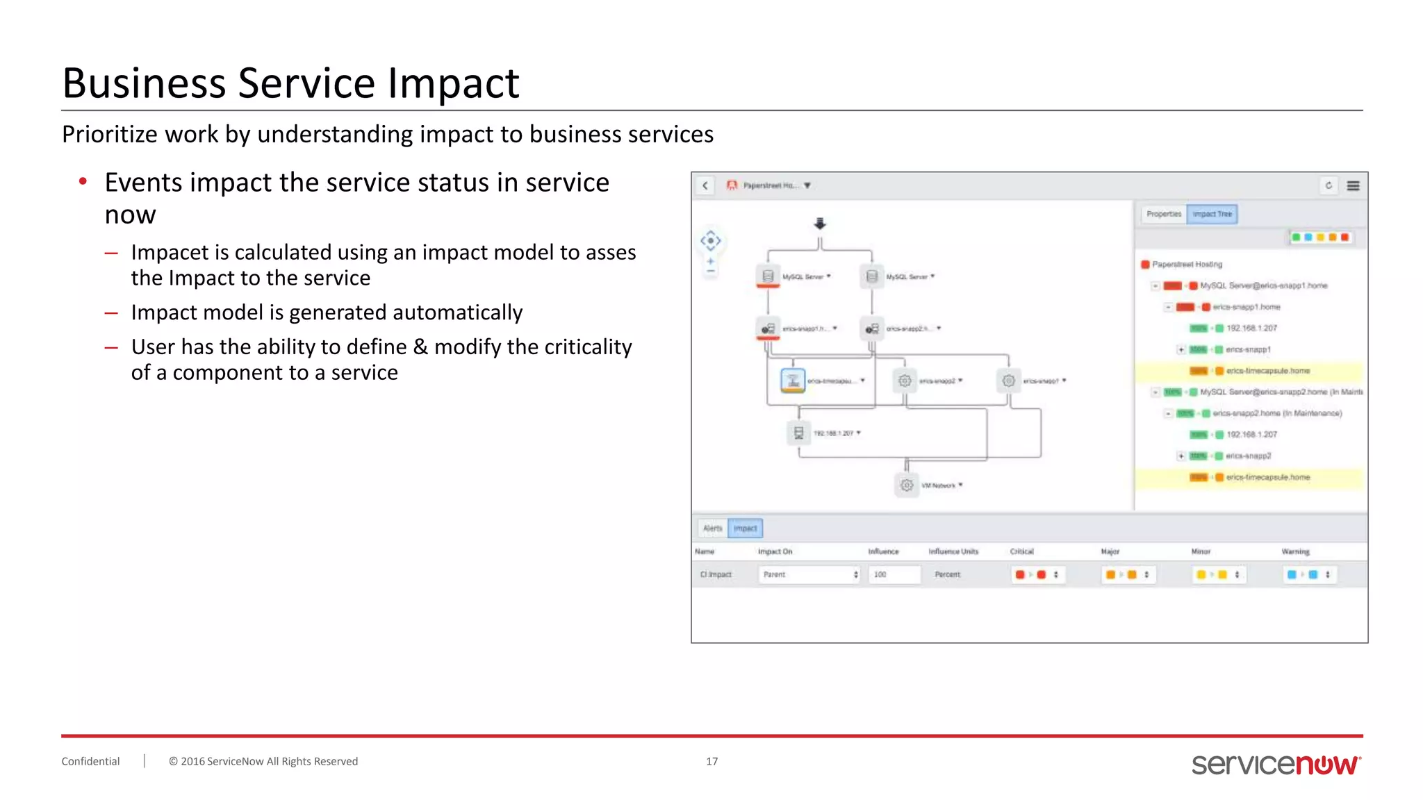 © 2016 ServiceNow All Rights Reserved 17Confidential
Business Service Impact
• Events impact the service status in service
now
– Impacet is calculated using an impact model to asses
the Impact to the service
– Impact model is generated automatically
– User has the ability to define & modify the criticality
of a component to a service
Prioritize work by understanding impact to business services
 