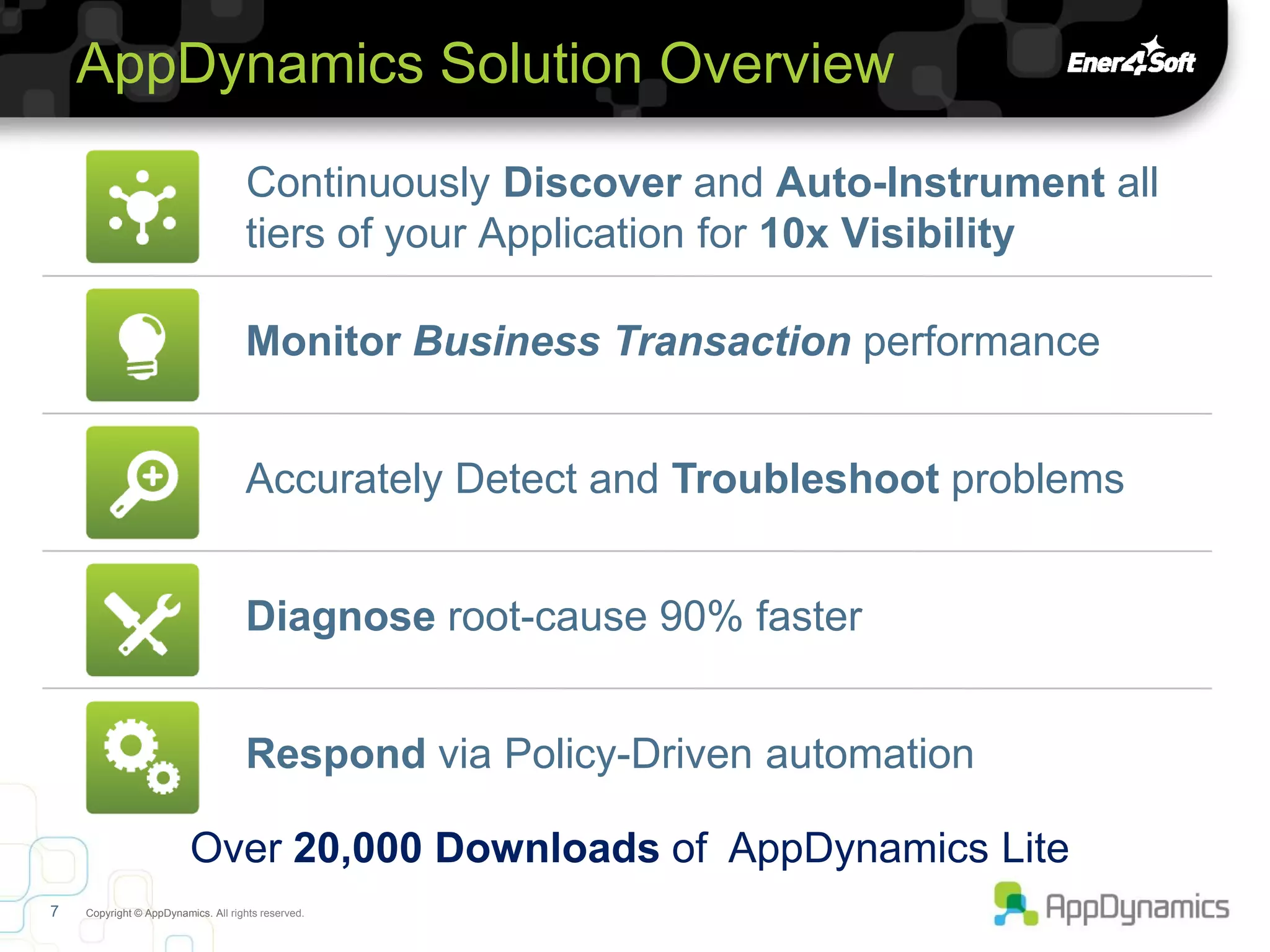 AppDynamics Solution Overview

                                    Continuously Discover and Auto-Instrument all
                                    tiers of your Application for 10x Visibility

                                    Monitor Business Transaction performance


                                    Accurately Detect and Troubleshoot problems


                                    Diagnose root-cause 90% faster


                                    Respond via Policy-Driven automation

                         Over 20,000 Downloads of AppDynamics Lite
7   Copyright © AppDynamics. All rights reserved.
 