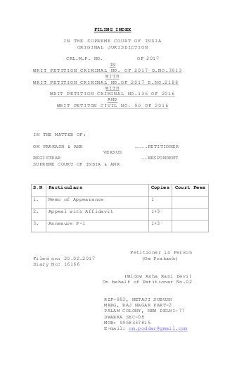 FILING INDEX
IN THE SUPREME COURT OF INDIA
ORIGINAL JURISDICTION
CRL.M.P. NO. OF 2017
IN
WRIT PETITION CRIMINAL NO. OF 2017 D.NO.3913
WITH
WRIT PETITION CRIMINAL NO.OF 2017 D.NO.2188
WITH
WRIT PETITION CRIMINAL NO.136 OF 2016
AND
WRIT PETITON CIVIL NO. 90 OF 2016
IN THE MATTER OF:
OM PRAKASH & ANR ……..PETITIONER
VERSUS
REGISTRAR ….RESPONDENT
SUPREME COURT OF INDIA & ANR
S.N Particulars Copies Court Fees
1. Memo of Appearance 1
2. Appeal with Affidavit 1+3
3. Annexure P-1 1+3
Petitioner in Person
Filed on: 20.02.2017 (Om Prakash)
Diary No: 16166
(Widow Asha Rani Devi)
On behalf of Petitioner No.02
RZF-893, NETAJI SUBUSH
MARG, RAJ NAGAR PART-2
PALAM COLONY, NEW DELHI-77
DWARKA SEC-08
MOB: 9968337815
E-mail: om.poddar@gmail.com
 