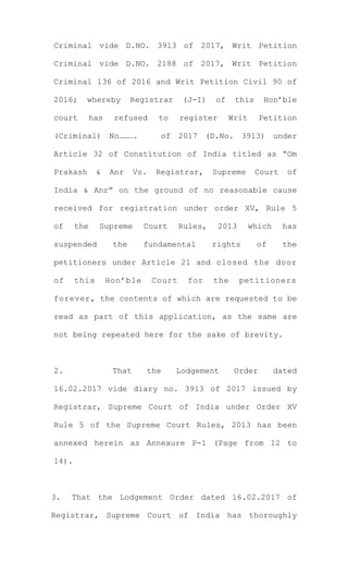 Registration Writ Appeal against Lodgment Order of Registrar SCI under Order XV Rule 5 of ...