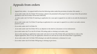 Appeals from orders
• Appeal from orders.—An appeal shall lie from the following orders under the provisions of section 104, namely : —
• (a) an order under rule 10 of Order VII returning a plaint to be presented to the proper Court 1 [except where the procedure
specified in rule 10A of Order VII has been followed];
• an order under rule 9 of Order IX rejecting an application (in a case open to appeal) for an order to set aside the dismissal of
a suit;
• (d) an order under rule 13 of Order IX rejecting an application (in a case open to appeal) for an order to set aside a decree
passed ex parte;
• (f) an order under rule 21 of Order XI;
• (i) an order under rule 34 of Order XXI on an objection to the draft of a document or of an endorsement;
• (j) an order under rule 72 or rule 92 of Order XXI setting aside or refusing to set aside a sale;
• [ja) an order rejecting an application made under sub-rule (1) of rule 106 of Order XXI, provided that an order on the
original application, that is to say, the application referred to in sub-rule (l) of rule 105 of that Order is appealable;]
• (k) an order under rule 9 of Order XXII refusing to set aside the abatement or dismissal of a suit;
• (l) an order under rule 10 of Order XXII giving or refusing to give leave;
 