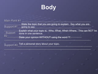Main Point #1   _____________________________________________ _________________________________________________________Support #1________________________________________________ __________________________________________________________Support #2_________________________________________________ __________________________________________________________ Support #3_________________________________________________ __________________________________________________________   Body State the topic that you are going to explain.  Say what you are going to say. Explain what your topic is.  Who, What, When Where.  This can NOT be done in one sentence. State your opinion WITHOUT using the word “I”. Tell a personal story about your topic. 