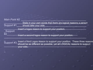 Main Point #2   _____________________________________________ _________________________________________________________Support #1________________________________________________ __________________________________________________________Support #2_________________________________________________ __________________________________________________________ Support #3_________________________________________________ __________________________________________________________   Insert a logos reason to support your position. State in your own words that there are logical reasons a person  should take your side. Insert a second logos reason to support your position.  Insert a third Logos reason to support your position.  These three reasons should be as different as possible, yet all LOGICAL reasons to support  your side. 