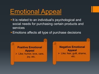 Emotional Appeal
It is related to an individual’s psychological and
social needs for purchasing certain products and
services
Emotions affects all type of purchase decisions
Positive Emotional
Appeal
 Like; humor, love, care,
joy, etc.
Negative Emotional
Appeal
 Like; fear, guilt, shame,
etc.
 