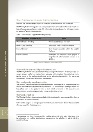 SECURITYPOSITIONINGWHITEPAPER
4
User Authentication and Authorization
Any user that needs to access enterprise data must be authenticated and authorized.
The Mobility Platform integrates with enterprise directory services to authenticate mobile and
back-office users as well as extract profile information that can be used to define permissions
on resources3
within the deployment.
Table 1 below lists the supported directory services.
Supported Directory Service Notes
Microsoft Active Directory Windows 2008 Server and later.
Generic LDAP Directory Support for LDAP v3 directory servers.
Internal Directory User directory available within the Mobility
Platform.
Custom Directory Developers can develop custom plugins to
integrate with other directory services as of
Q4 2014.
TABLE 1 - LIST OF SUPPORTED DIRECTORY SERVICES
User authentication and profile extraction
The Mobility Platform can authenticate mobile users against enterprise directory services and
extract relevant profile information. Upon successful authentication, this profile information
can be stored in the platform to alleviate further administrative activities (ie. user group
management, fine grained permissions management).
User and profile synchronization
The Mobility Platform can be configured to replicate a sub-part of an enterprise directory
service in order to alleviate administrative activities. This allows the pre-loading of mobile and
back-office users in the platform prior to their initial enrolment. In this case, the user
authentication remains delegated to the enterprise directory service.
User authorization
The Mobility Platform allows authorized administrators to define user roles and link them to
permissions on system resources.
Roles can be assigned to user groups or individual users. Permissions define the accessibility
of resources within the deployment.
3
A resource can be a component ie. mobile, administrative user interface; or a
functionality ie. mobile application, sub-part of the platform's administrative
user interface.
 