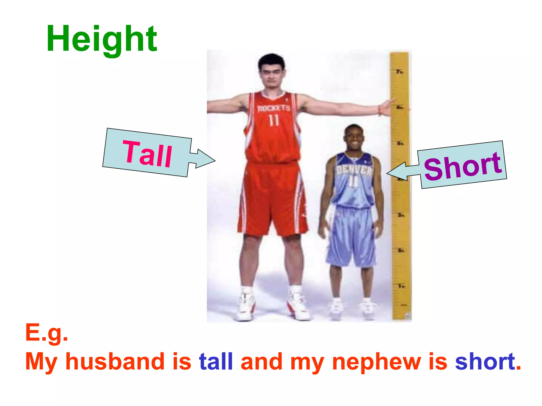 Height Tall Short E.g. My husband is  tall  and my nephew is  short . 