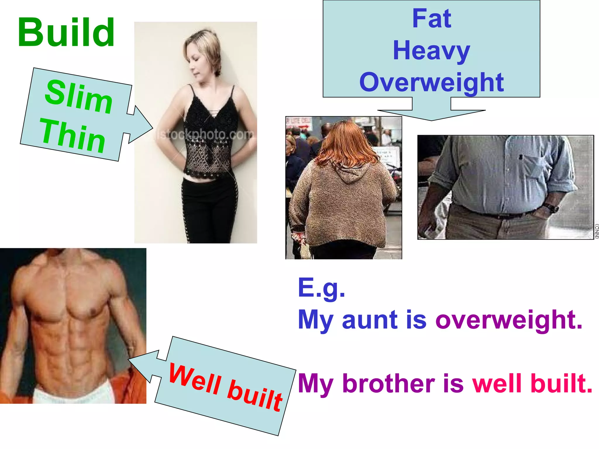 Build Slim Thin Fat Heavy Overweight Well built E.g. My aunt is  overweight. My brother is  well built. 