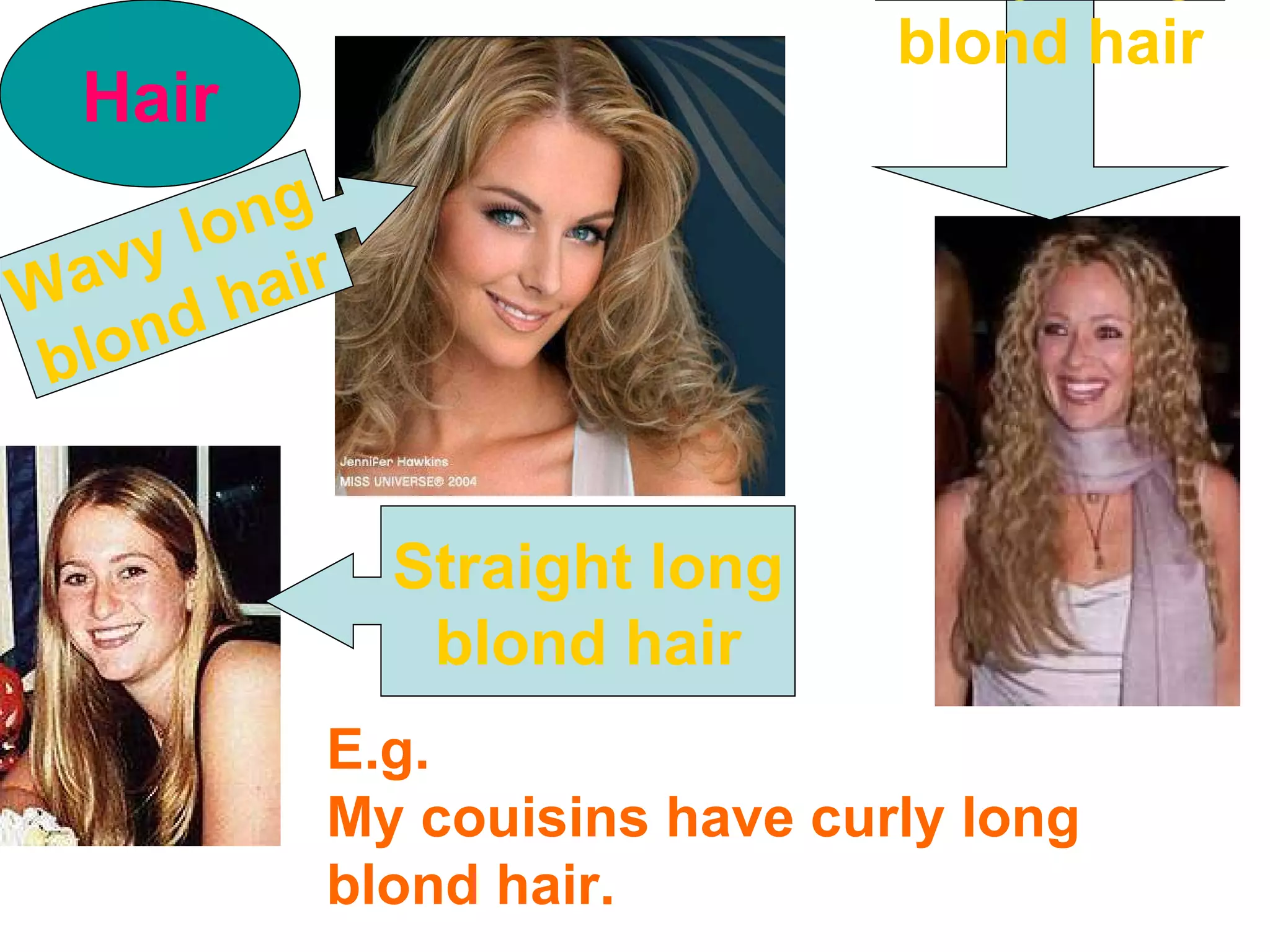 Hair Wavy long blond hair Curly long  blond hair Straight long blond hair E.g. My couisins have curly long  blond hair. 