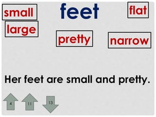 feet 
small flat 
large 
narrow 
pretty 
Her feet are small and pretty. 
4 11 13 
 