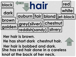 hair 
4 
black red 
dark 
15 
auburn fair blond 
white 
jet-black 
chestnut 
brown 
golden 
grey(silver) 
reddish(sandy) silvery 
Her hair is brown. 
He has short dark chestnut hair. 
Her hair is bobbed and dark. 
She has red hair done in a careless 
knot at the back of her neck. 
13 
 
