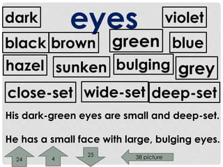 eyes 
dark 
violet 
blue 
black 
hazel 
brown 
grey 
green 
sunken bulging 
close-set wide-set deep-set 
His dark-green eyes are small and deep-set. 
He has a small face with large, bulging eyes. 
24 4 
25 38 picture 
 