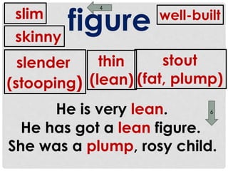 4 
figure 
slim 
skinny 
slender 
(stooping) 
thin 
(lean) 
well-built 
stout 
(fat, plump) 
He is very lean. 
6 
He has got a lean figure. 
She was a plump, rosy child. 
 