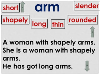 short arm 
long 
slender 
rounded 
thin 
4 
shapely 
A woman with shapely arms. 
She is a woman with shapely 
arms. 
He has got long arms. 
9 
7 
 