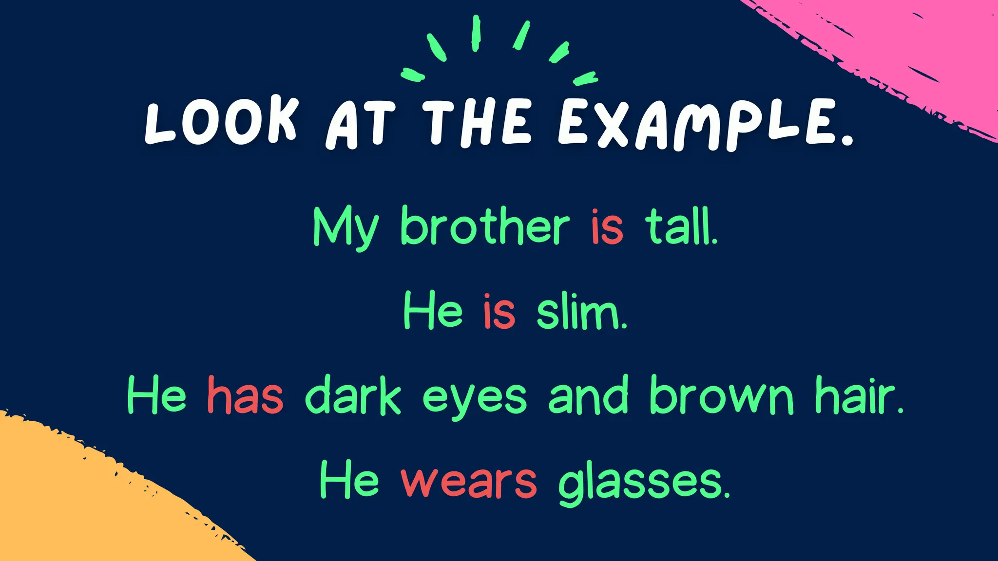 My brother is tall.
He is slim.
He has dark eyes and brown hair.
He wears glasses.
 