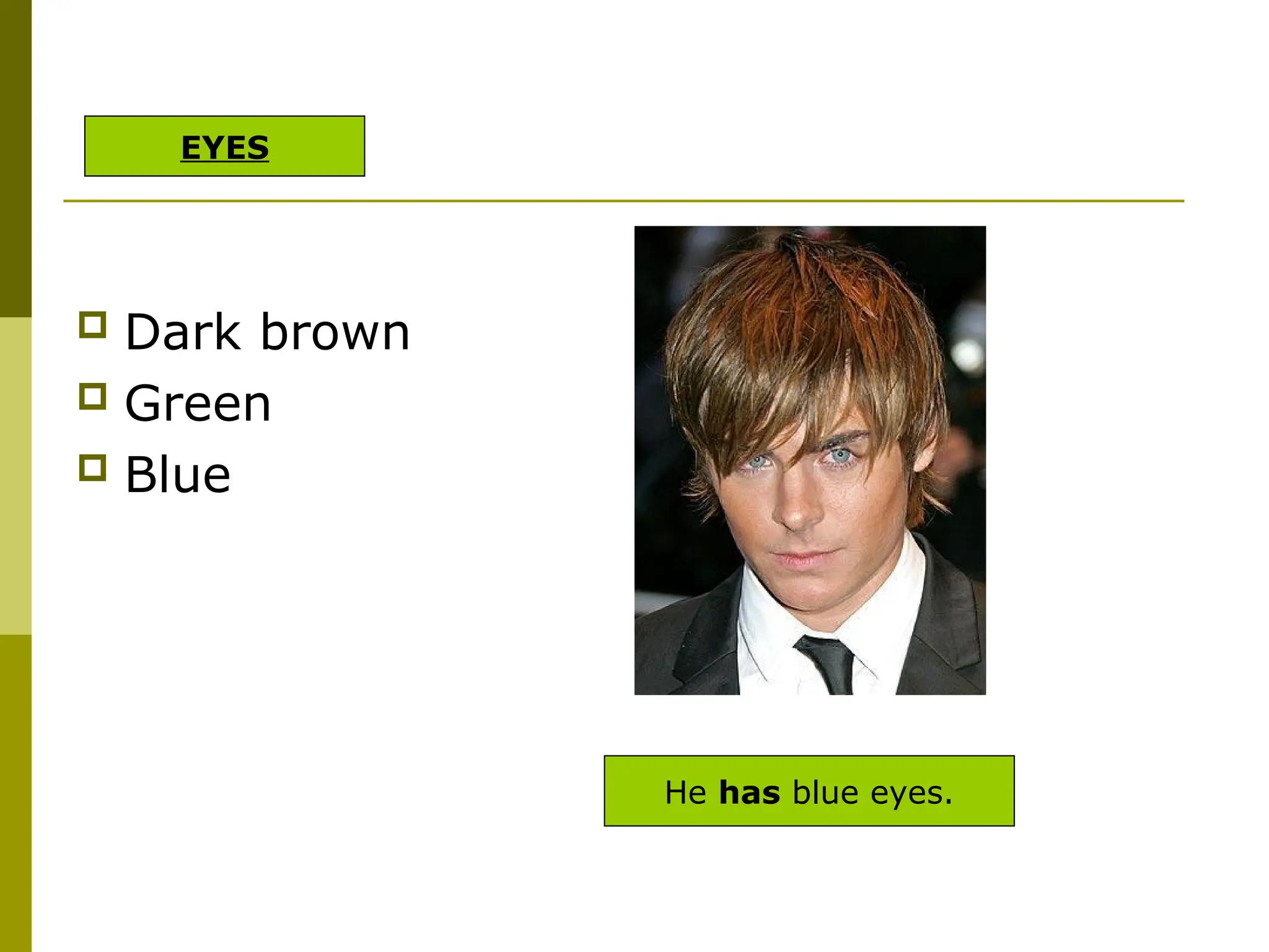  Dark brown
 Green
 Blue
He has blue eyes.
EYES
 