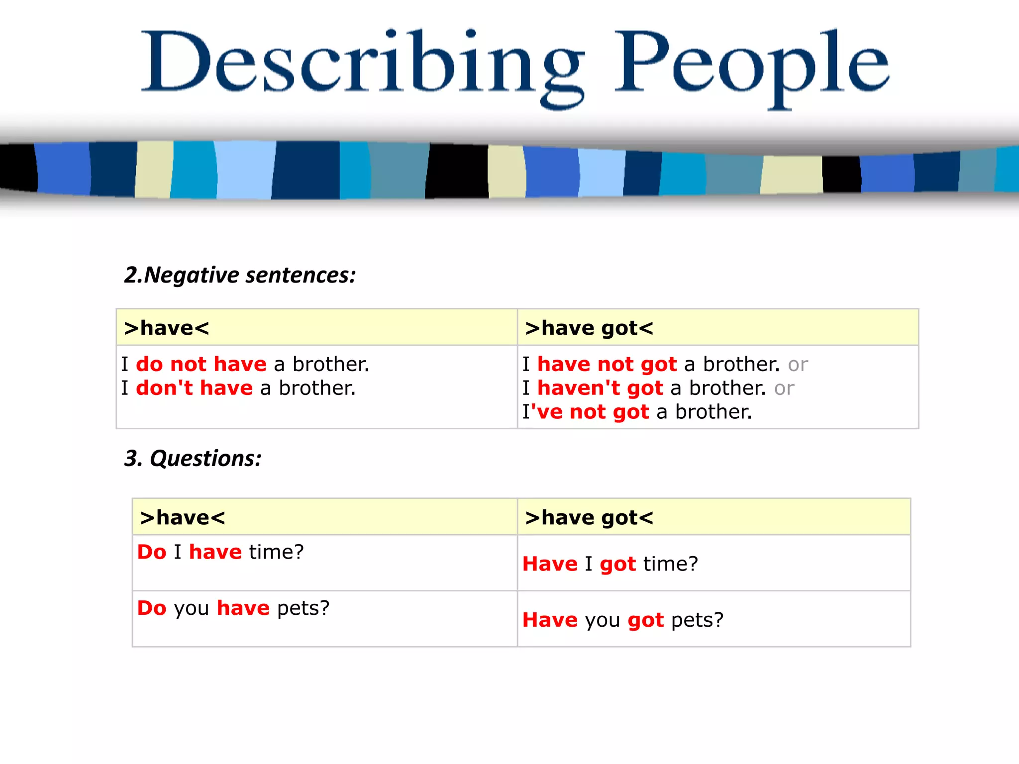 2.Negative sentences:

>have<                     >have got<
I do not have a brother.   I have not got a brother. or
I don't have a brother.    I haven't got a brother. or
                           I've not got a brother.

3. Questions:

 >have<                    >have got<
 Do I have time?
                           Have I got time?

 Do you have pets?
                           Have you got pets?
 