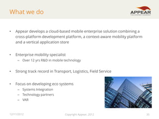 What we do
•

Appear develops a cloud-based mobile enterprise solution combining a
cross-platform development platform, a context-aware mobility platform
and a vertical application store

•

Enterprise mobility specialist
– Over 12 yrs R&D in mobile technology

•

Strong track record in Transport, Logistics, Field Service

•

Focus on developing eco systems
– Systems Integration
– Technology partners

– VAR

12/11/2012

Copyright Appear, 2012

35

 