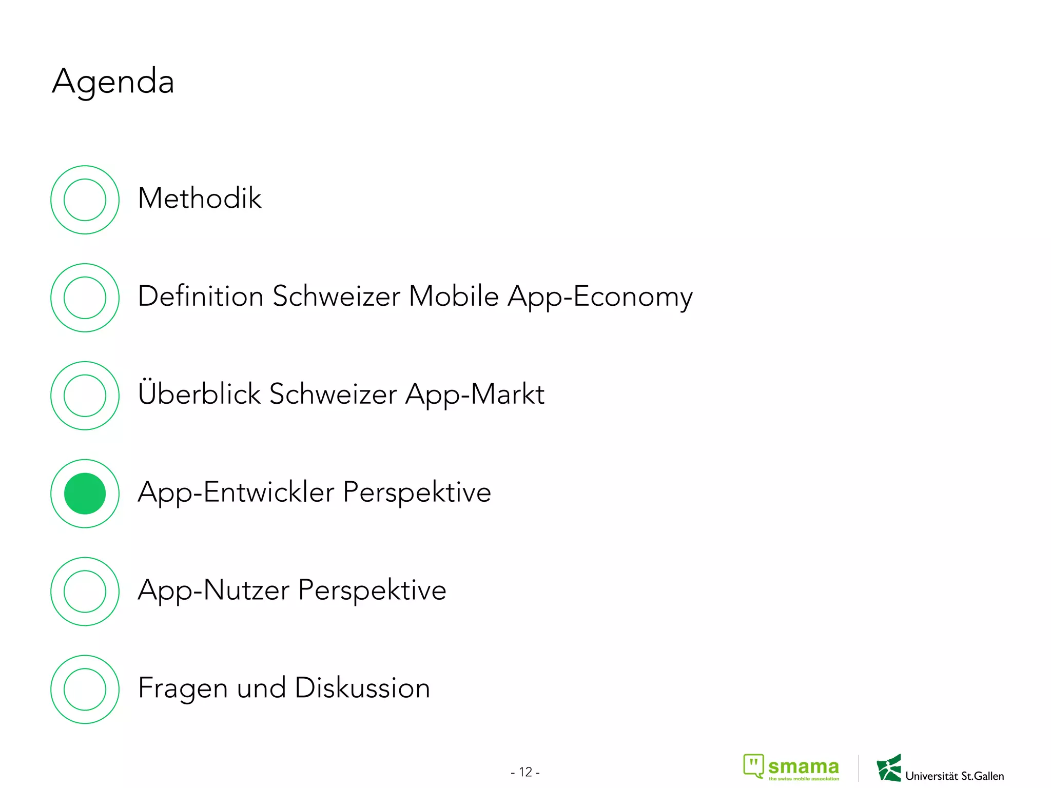 Agenda
Methodik
Definition Schweizer Mobile App-Economy
Überblick Schweizer App-Markt
App-Entwickler Perspektive
App-Nutzer Perspektive
Fragen und Diskussion
- 12 -
 