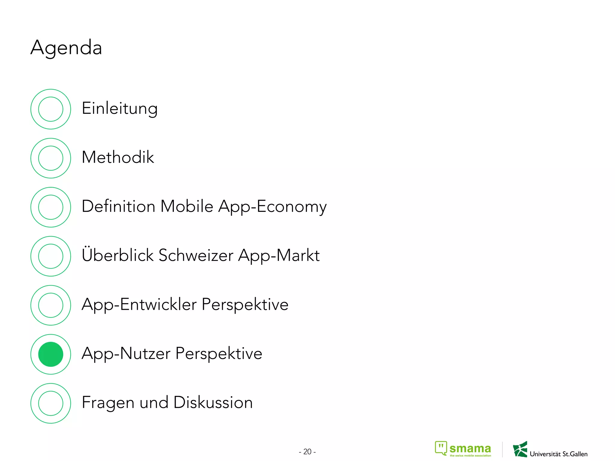 Agenda
Einleitung
Methodik
Definition Mobile App-Economy
Überblick Schweizer App-Markt
App-Entwickler Perspektive
App-Nutzer Perspektive
Fragen und Diskussion
- 20 -
 