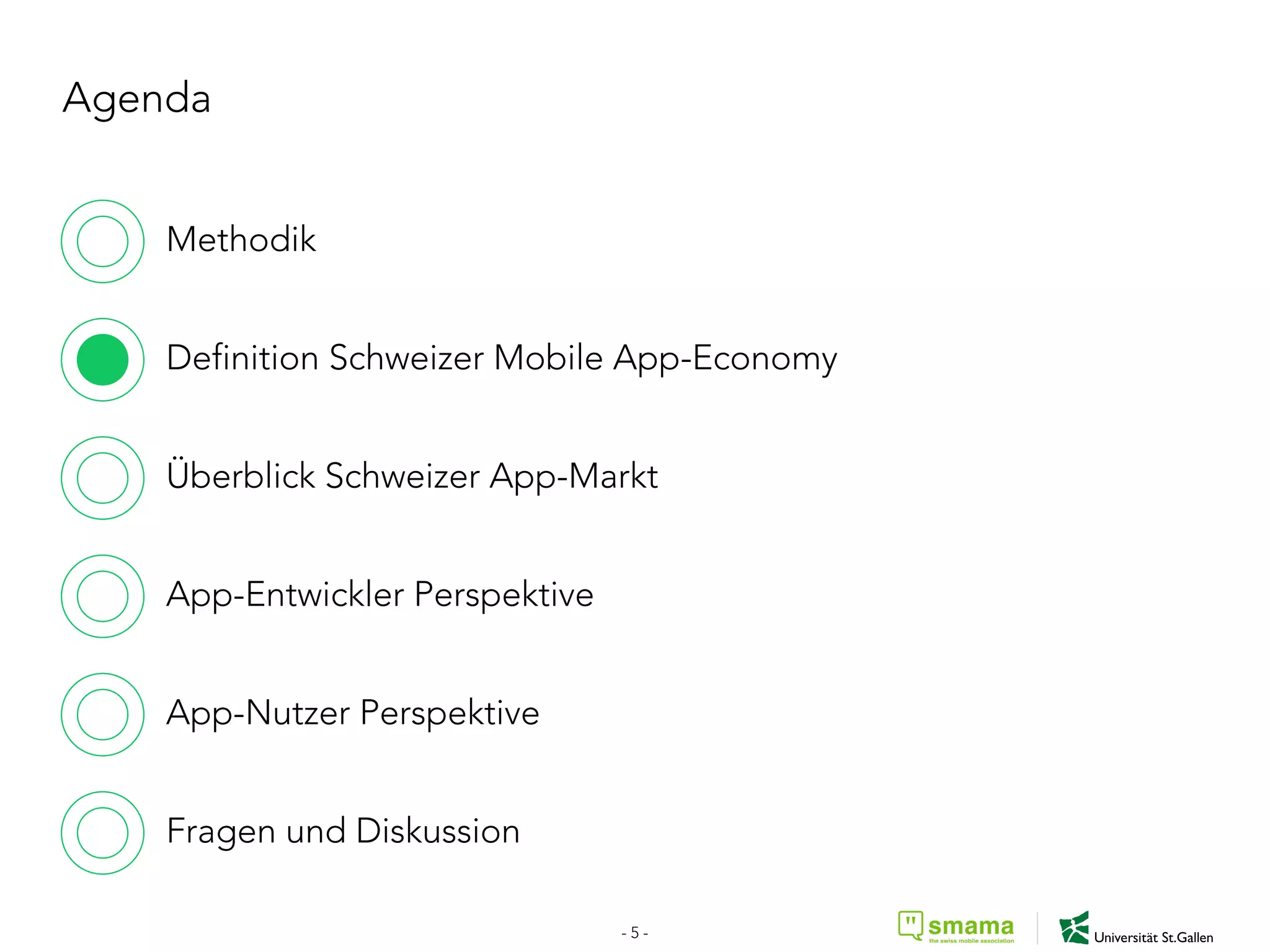 Agenda
Methodik
Definition Schweizer Mobile App-Economy
Überblick Schweizer App-Markt
App-Entwickler Perspektive
App-Nutzer Perspektive
Fragen und Diskussion
- 5 -
 