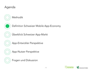 Agenda
Methodik
Definition Schweizer Mobile App-Economy
Überblick Schweizer App-Markt
App-Entwickler Perspektive
App-Nutzer Perspektive
Fragen und Diskussion
- 5 -
 