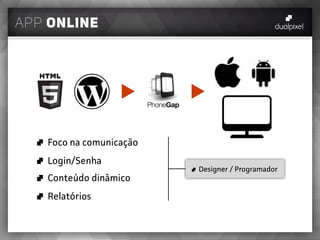 app online
Foco na comunicação
Login/Senha
Conteúdo dinâmico
Relatórios
Designer / Programador
 